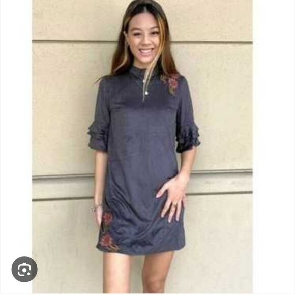 THML Gray Faux Suede Boho Dress with Floral Embroidery Medium - Picture 1 of 14